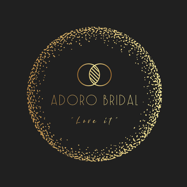 Adoro Bridal logo with gold decorative circle and intertwined rings on black background.