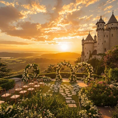 Sunset wedding setup by a fairytale castle with floral arches and chairs in a lush garden setting.