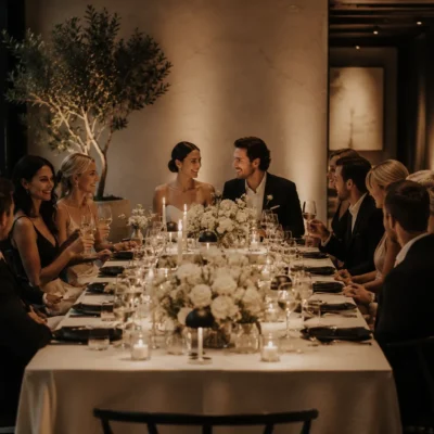 Elegant wedding dinner with bride, groom, and guests sharing a joyful moment at a beautifully decorated table.