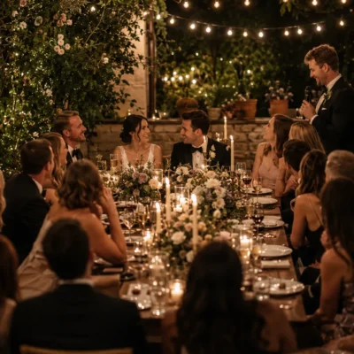 Outdoor wedding dinner with guests, bride, groom, and string lights creating a warm, romantic atmosphere.
