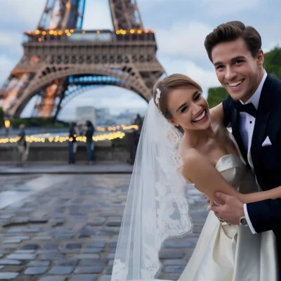 Happy couple in wedding attire smiling in front of the Eiffel Tower in Paris.