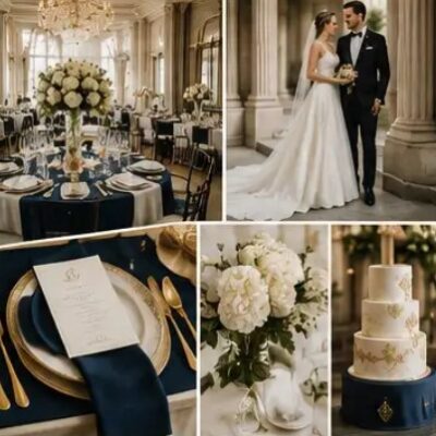 Elegant wedding reception with a bride and groom, floral centerpieces, tiered cake, and navy-gold table settings.