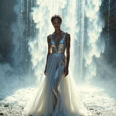 Elegant woman in a shimmering gown stands in front of a majestic waterfall, creating a captivating scene.