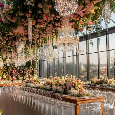Elegant wedding venue with floral chandeliers, long dining tables, and panoramic windows creating a romantic ambiance.