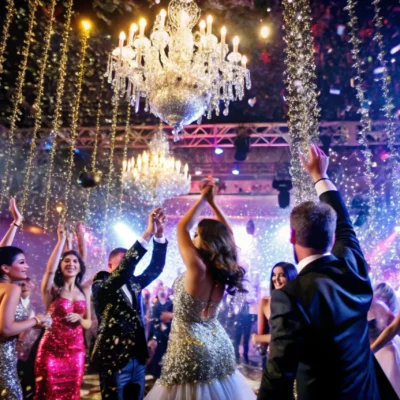 Elegant party with dancing guests under chandeliers, surrounded by sparkling lights and festive decor.