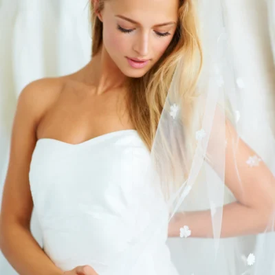Bride in strapless white gown with veil, looking down in a serene moment before her wedding.